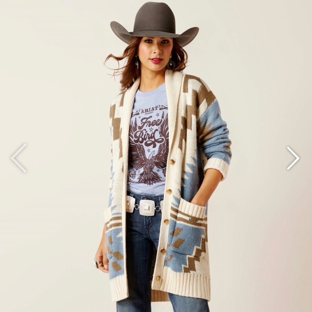 NEW Ariat x Chimayo Collection Willow Sweater Blue Cream Heavy Knit Cardigan SzS